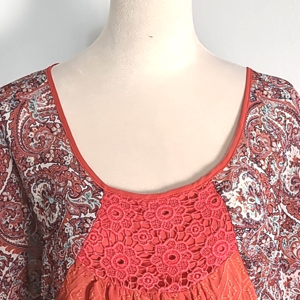 Ogle Orange & Blue Paisley Top woth Embroidered Flower Accents, Size Large - Picture 4 of 9